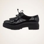VSL 7059 scarpa donna senza stringhe in vernice nera frangia e fiocco applicato